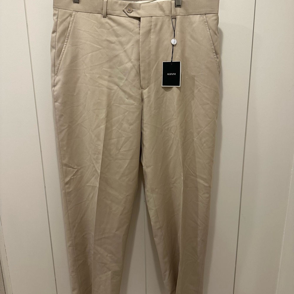 Alfani Men's Beige Dress Pants 100% Wool - Classic Flat Front